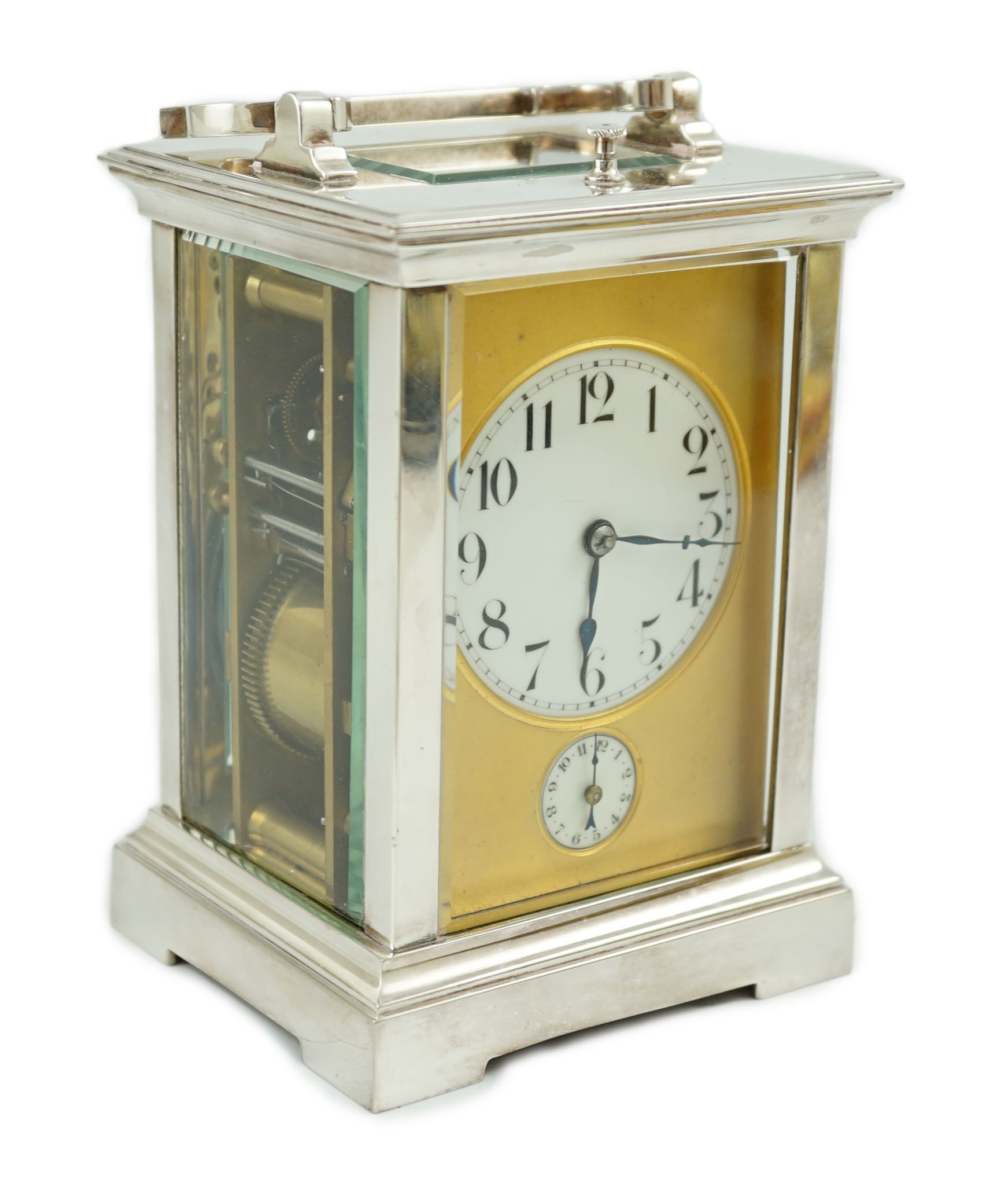 An early 20th century silver plated grande sonnerie carriage clock, width 9.5cm depth 8cm height 15cm